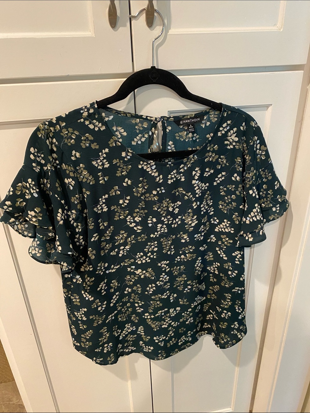 41 Hawthorn Dark Green Floral Flutter Sleeve Blouse
